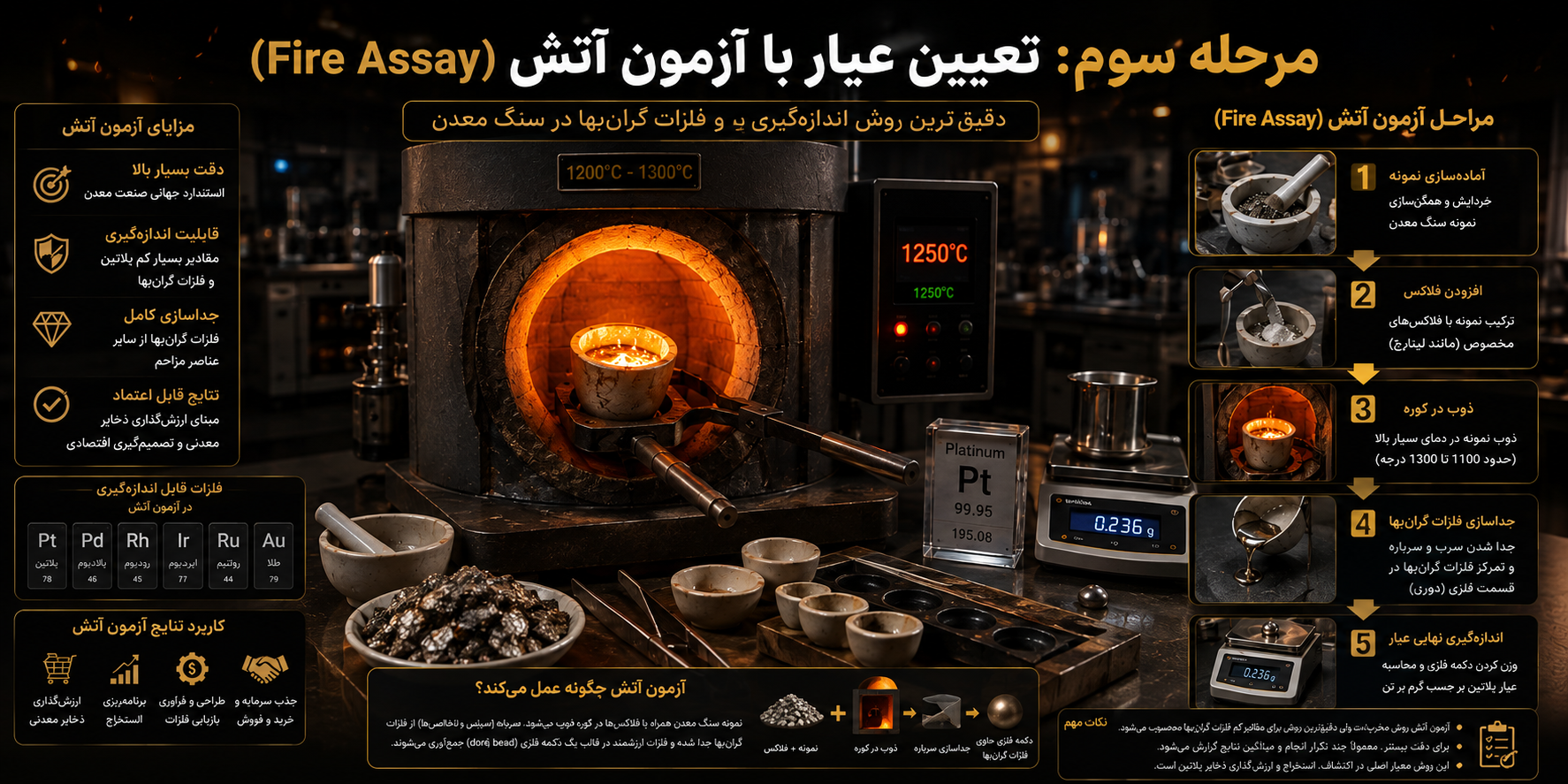 ازمایش عیار پلاتین با آتش